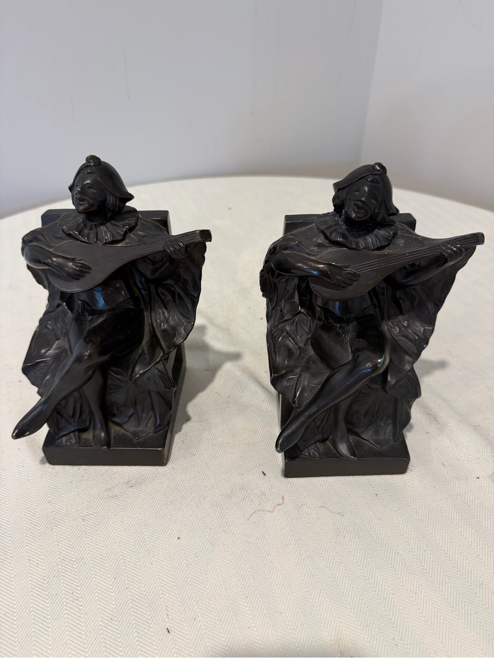Vintage Art Deco Bronzed Metal Lady Harlequin Pierrot Musician Bookends